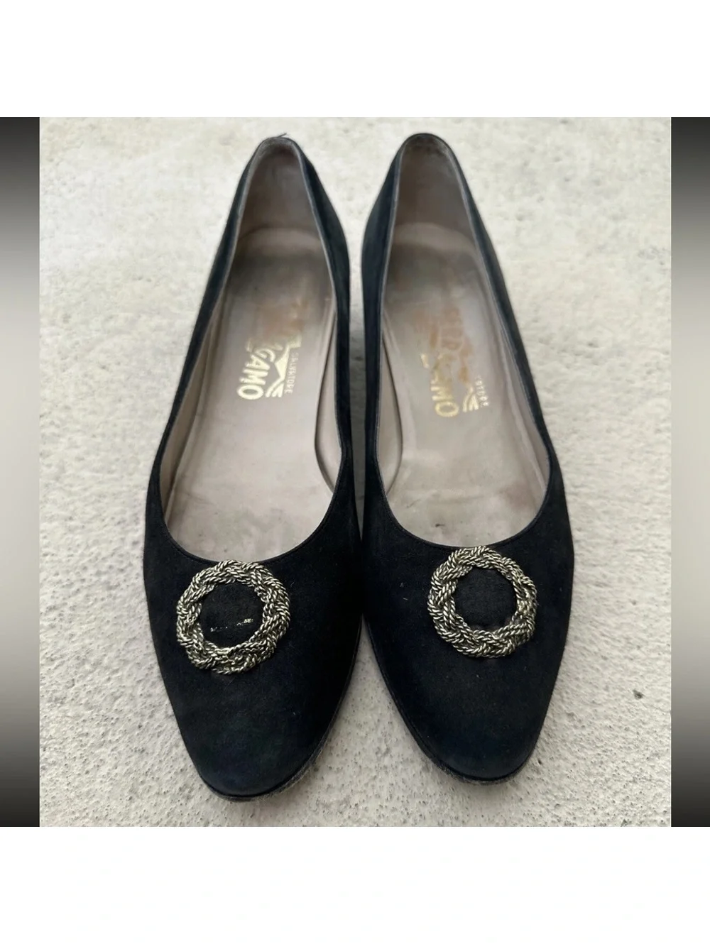 Vintage Ferragamo Black Flats with Gold Accents